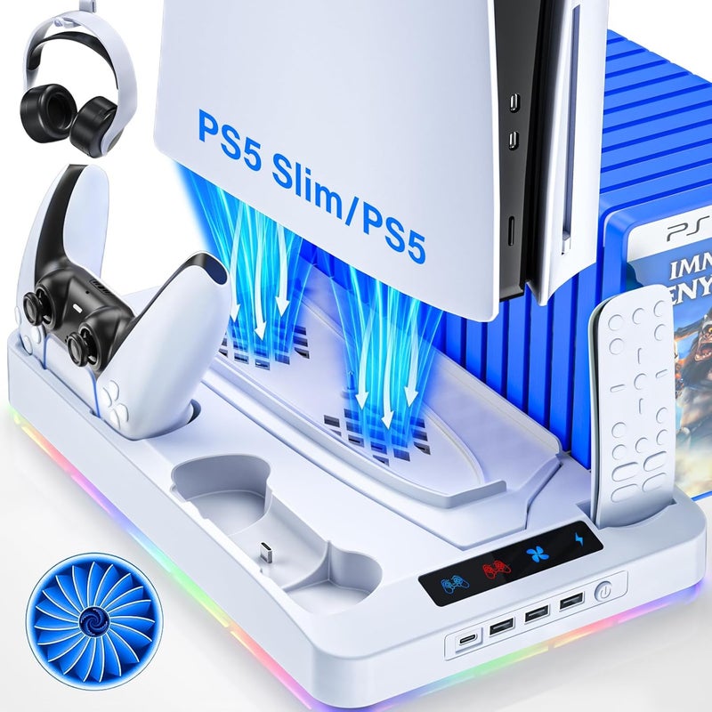 URXTRAL PS5/PS5 Slim Cooling Station, PS 5 Stand with Controller Charger for Playstation 5 Disc Console& Digital Console, for Playstation 5 Cooling Fan Accessories, LED,USB Hubs,Headset Holder,Games Slot - Image 1